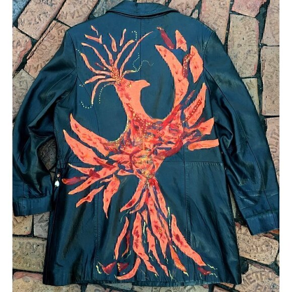 Vintage hand painted leather coat; fire, phoenix, red, gift for her sz L - Picture 10 of 12